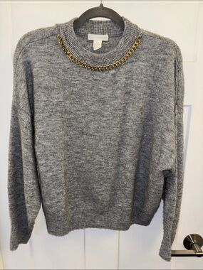H&M Gray Crewneck Sweater with Gold Chain Accent